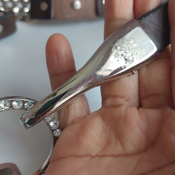 Size 38 Genuine Brown Leather and Rhinestone Paved Silver Tone Panel Linked Belt - Picture 5 of 6